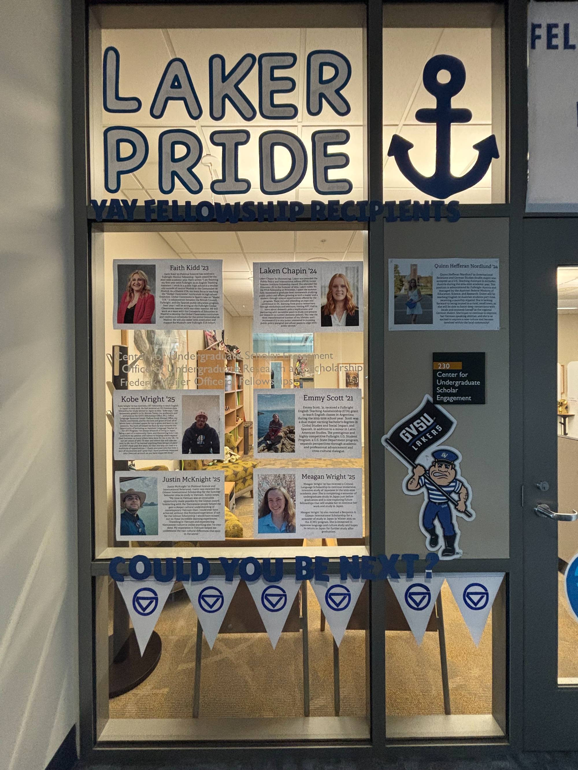 CUSE Homecoming decorations, front door decorated with window paint, "Laker Pride" and anchor drawing